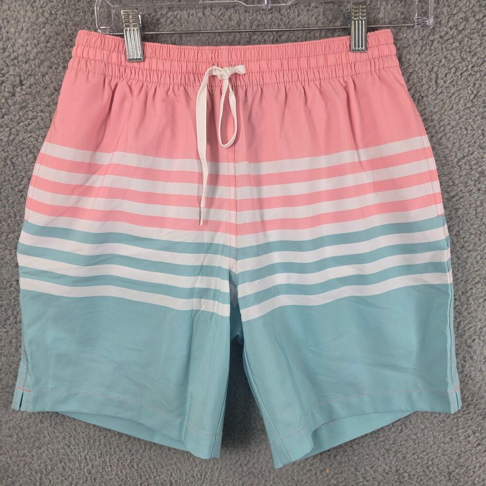Chubbies Men's On The Horizon Swim Trunks Pink White Blue Striped Lined Size S